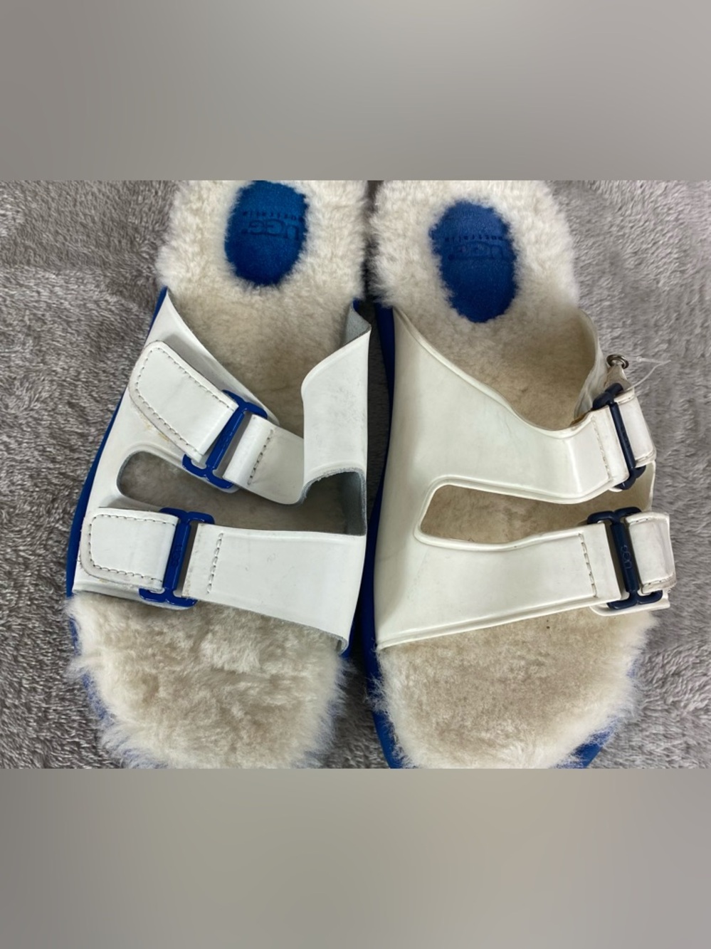 UGG Fluff Shearling Slide Sandals Womens 6 White Blue Slipper Comfort NEW - Picture 7 of 8